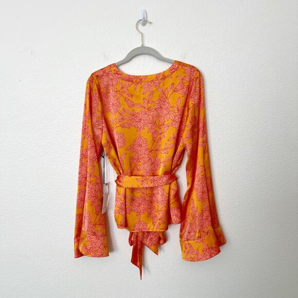 [Privacy Please] Orange Floral Print Bell Sleeve Linnea Wrap Blouse NWT Medium M - Picture 3 of 12